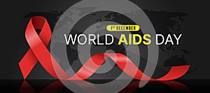 World aids day - Text and red ribbon sign on black background with world map texture vector design