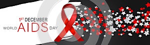 World Aids day website header or banner. Red awarness ribbon with stars and lettering