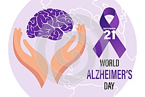 World Alzheimer\'s Day, banner. Purple awareness ribbon and human brain in hands. Illustration, poster