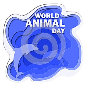 World animal day 3d abstract paper cut illlustration of sea and dolphins. Vector colorful template in carving art style.