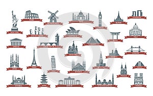 World architectural attractions. Stylized flat icons. Vector illustration