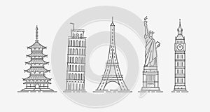 World architectural attractions. Travel icon set. Vector illustration