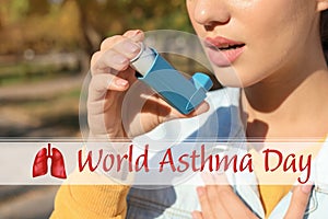 World asthma day. Young woman using inhaler, closeup
