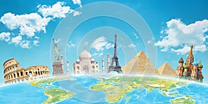 World attractions behind the globe. Travel concept