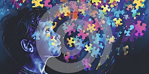 World Autism Awareness Day,banner,portrait of a boy on a background of colorful puzzles,a place for text,concepts of inclusivity,