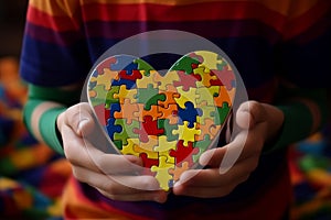 World autism awareness day concept. Childs hands holding puzzle heart with copy space