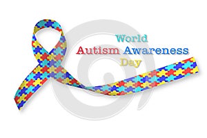 World Autism awareness day with puzzle pattern ribbon isolated with clipping path on white background