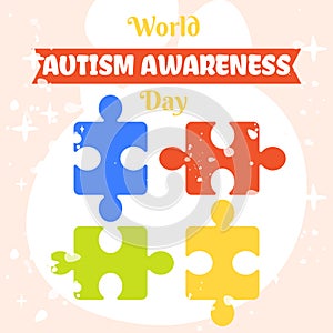 World Autism Awareness Day vector illustration with colorful puzzle pieces. Flat cartoon style