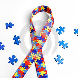 World Autism awareness and pride day with Puzzle pattern ribbon on white background with clipping path