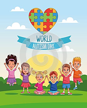 World autism day kids with heart puzzle in landscape