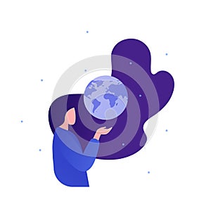 World awareness concept. Vector flat people illustration. Woman hold in hand planet earth globe. Symbol of global responibility,