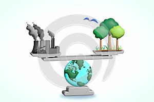 The world balancing industry and nature on a scale, 3D illustration