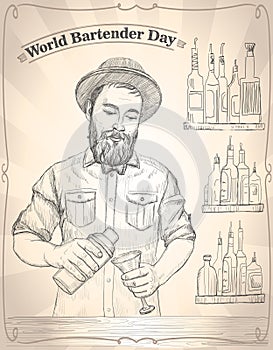 World bartender day card, hand drawn graphic illustration with male barmen