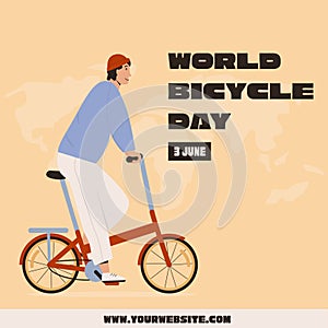 World Bicycle Day Banner. Man riding street folding bicycle in city vector flat illustration. Smiling male bicyclist