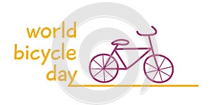 World Bicycle Day. An outline image of a purple bicycle that rides along the road. A bike ride. Holiday card with text