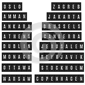 World big cities, capitals names in airport time table board style.