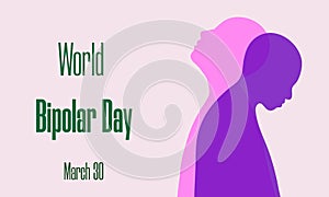 World Bipolar Day on March 30 concept. Two human silhouettes as symbols of depression and mania. Vector illustration for