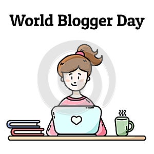 World Blogger Day postcard. Girl with laptop