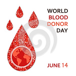 World Blood Donor Day banner with red glitter blood drop as donation concept
