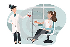 World Blood Donor Day Illustration nurse takes blood from a woman. Donating Blood.