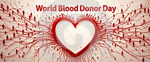 World Blood Donor Day â Red Threads Forming a Heart Connecting People on an Abstract Map in Flat Vector Style photo
