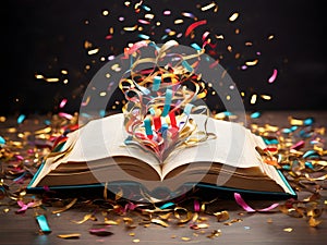 World book and copyright day, April 23, open book surrounded by a burst of colorful confetti