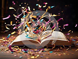 World book and copyright day, April 23, open book surrounded by a burst of colorful confetti