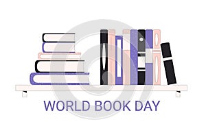 World book and copyright day banner template. Reading lover. Stack of literatures on bookshelf. Learning and education holiday. photo
