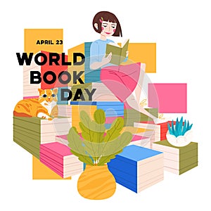 World Book Day, 23 april. Young girl reading book, red cat, library. Book lovers, fans of literature. Flat vector illustration