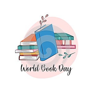 World Book Day. April 23 celebration. Books stack composition. Cozy vector poster illustration. Love of reading concept