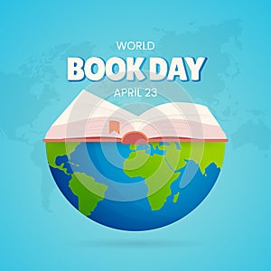 World book day April 23 with opened book and globe illustration