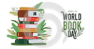 World book Day card concept illustration books pile and green plants leaf