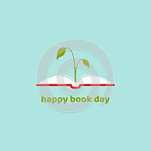 World book day card. Open book with green sprig and leaves. Flat reading icon isolated on turquoise background