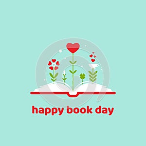 World book day card. Open book with red cover and red hearts and flowers