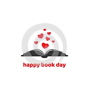 World book day card. Open book with red hearts and `happy book day` text