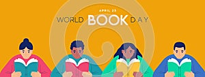World book day diverse children reading book concept card illustration