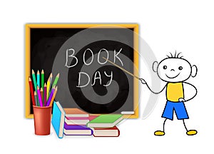 World Book Day. Education concept with doodle schoolboy pointing to blackboard, stack of pencils and pile of books.