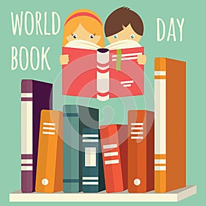 World book day, girl and boy reading with stack of books on a shelf