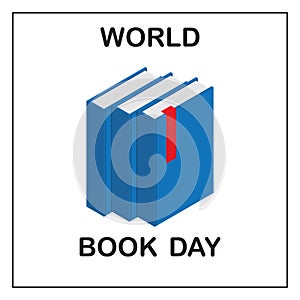 World Book Day. Image of three blue books with a red tab.