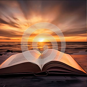 Open book on the beach at sunset. Dramatic sky background