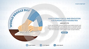 World Braille Day background with hands reading a braille book