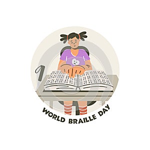 World Braille day banner with visually impaired child, flat vector isolated.
