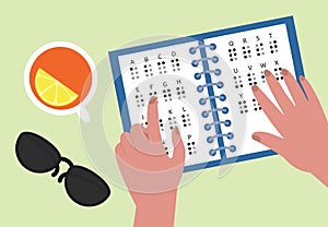 World braille day. Person learning to read with fingers. Tactile alphabet with letters in study book. Help for visually