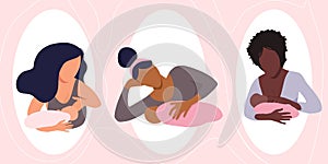 World breastfeeding week illustration.Young women different ethnicities with childs. Lactation in various positions concept.
