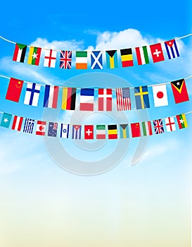 World bunting flags on blue sky.