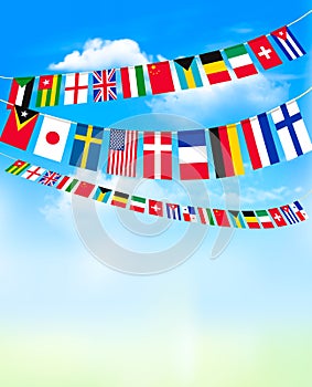 World bunting flags on blue sky.