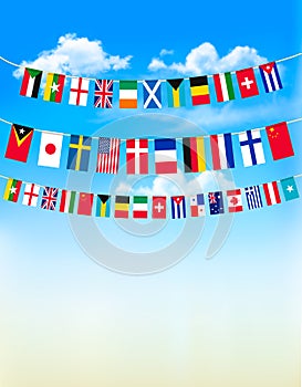 World bunting flags on blue sky.