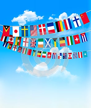 World bunting flags on blue sky.