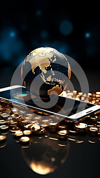 World business concept Smartphone with a stack of gold coins and Earth globe