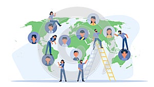 World business Earth map global technology consulting team. Cooperation globe idea teamwork with man and woman vector concept